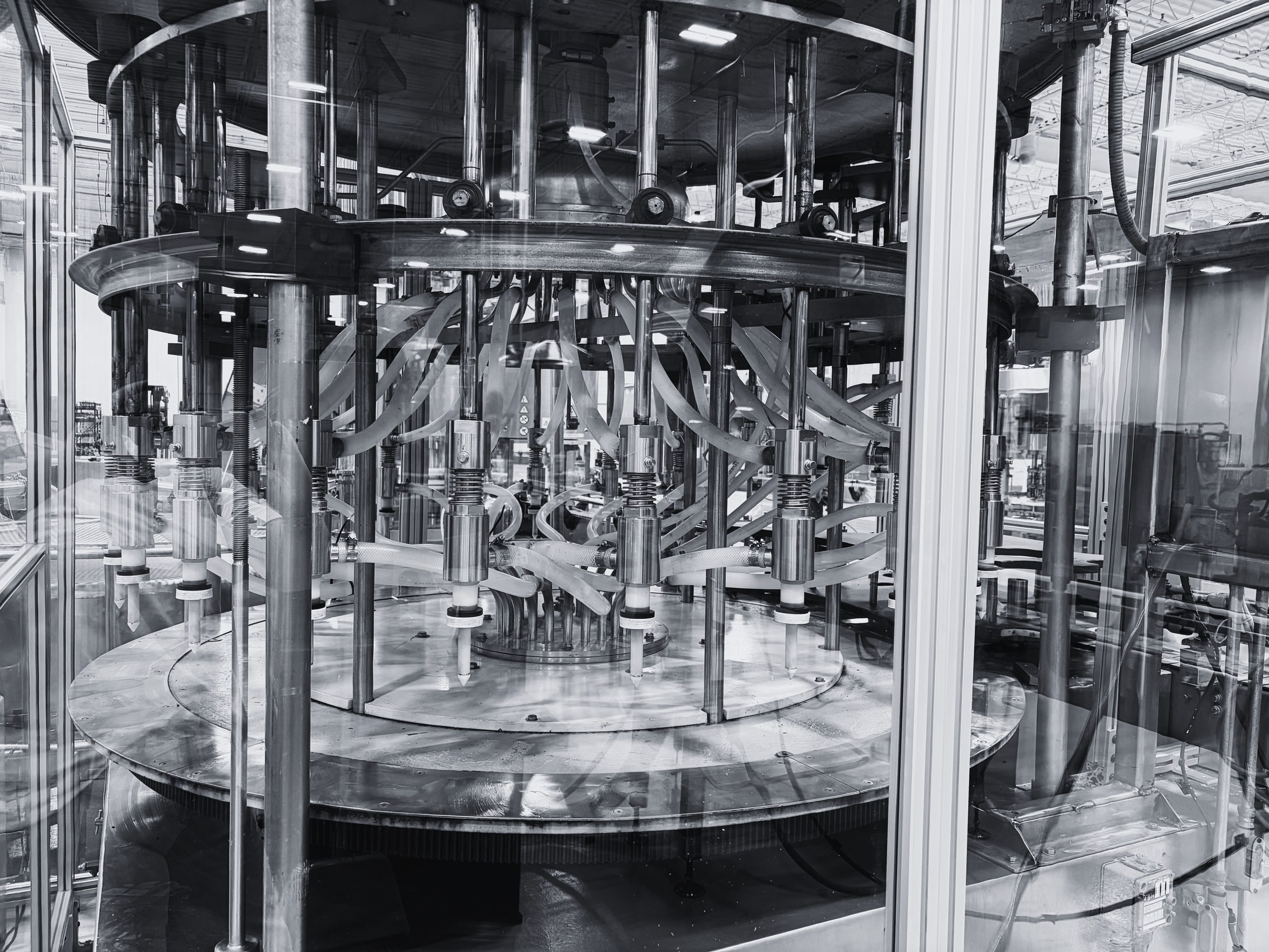 Rotary filler nozzles and product hoses inside the glass enclosure, Itasca